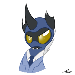 Size: 555x555 | Tagged: safe, artist:srmario, imported from derpibooru, oc, oc only, oc:platan, changeling, balaclava, bust, clothes, crossover, fangs, mask, necktie, signature, simple background, solo, spy, suit, team fortress 2, white background, yellow changeling