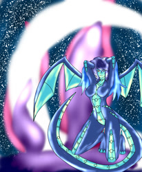 Size: 1400x1700 | Tagged: safe, artist:foxgearstudios, imported from derpibooru, princess ember, princess luna, anthro, dragon, unguligrade anthro, abstract background, breasts, dragonified, featureless breasts, female, fusion, smiling, solo, species swap, spread wings, stars, wings