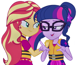 Size: 1197x1004 | Tagged: safe, edit, edited screencap, editor:lonely fanboy48, imported from derpibooru, screencap, sci-twi, sunset shimmer, twilight sparkle, equestria girls, equestria girls series, spring breakdown, spoiler:eqg series (season 2), background removed, clothes, duo, female, geode of telekinesis, glasses, hand on shoulder, implied shipping, lidded eyes, lifejacket, magical geodes, shipping fuel, simple background, smiling, transparent background