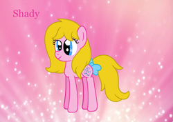 Size: 1267x899 | Tagged: safe, artist:nickthedog45, shady, earth pony, pony, bow, cute, female, g1, g1 shadybetes, g1 to g4, g4, generation leap, mare, pink background, simple background, smiling, tail bow, wallpaper