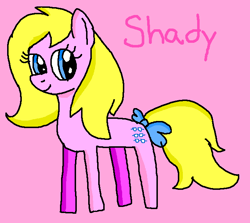 Size: 700x625 | Tagged: safe, shady, earth pony, pony, 1000 hours in ms paint, bow, cute, female, g1, g1 shadybetes, g1 to g4, g4, generation leap, mare, ms paint, pink background, signature, simple background, smiling, solo, tail bow