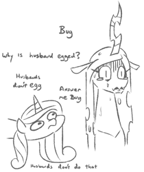 Size: 589x700 | Tagged: safe, princess cadance, queen chrysalis, changeling, pony, dialogue, monochrome, nervous, sweat