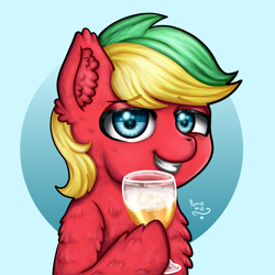 Size: 3000x3000 | Tagged: safe, artist:yumomochan, imported from derpibooru, oc, alcohol, beer, blue eyes, bust, commission, ear fluff, fluffy, male, portrait, smiling, stallion, teeth, teeth grinding, two color hair