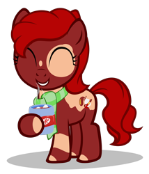 Size: 2520x2940 | Tagged: safe, artist:strategypony, imported from derpibooru, oc, oc only, oc:chocolate belle, earth pony, pony, ^^, chocolate, chocolate milk, clothes, content, cute, earth pony oc, eyes closed, female, filly, foal, food, happy, high res, hoof hold, hot chocolate, kit kat, marshmallow, milk, mottled coat, mug, red mane, scarf, simple background, smiling, solo, spots, transparent background