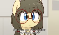 Size: 1172x692 | Tagged: safe, artist:shinodage, imported from ponybooru, imported from twibooru, oc, oc only, oc:sphee, earth pony, pony, blushing, classroom, cute, female, filly, glasses, image, ocbetes, pigtails, png, twintails