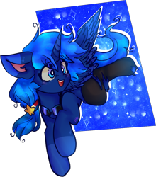 Size: 1048x1190 | Tagged: safe, artist:ube, artist:ubebreb, imported from derpibooru, oc, oc only, oc:tala, alicorn, pony, fallout equestria, alicorn oc, ashes town, blue, blue alicorn (fo:e), clothes, fallout equestria oc, floppy ears, fluffy, galaxy, horn, not luna, ripped socks, ripped stockings, simple background, socks, stars, stockings, thigh highs, torn clothes, wings