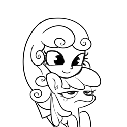 Size: 3000x3000 | Tagged: safe, artist:tjpones, imported from derpibooru, apple bloom, sweetie belle, earth pony, pony, equestria girls, apple bloom is not amused, black and white, duo, duo female, female, freckles, frown, grayscale, high res, holding a pony, hug, monochrome, simple background, sketch, smiling, unamused, white background