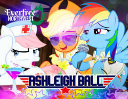 Size: 800x617 | Tagged: safe, artist:pixelkitties, imported from derpibooru, applejack, nurse redheart, rainbow dash, earth pony, pegasus, pony, annoyed, ashleigh ball, aviator glasses, aviator sunglasses, badge, clothes, covering ears, drink, epaulettes, everfree northwest, eyebrows, female, flower, hat, holding, lidded eyes, mare, meta, microphone, nurse hat, olive, open mouth, patch, patches, pixelkitties' brilliant autograph media artwork, shirt, show accurate, smiling, spread wings, stars, sunglasses, text, top gun, trio, trio female, uniform, vase, white shirt, wings, wonderbolts, wonderbolts uniform