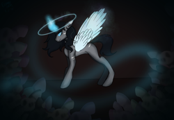 Size: 2048x1419 | Tagged: safe, artist:revenge.cats, imported from derpibooru, angel pony, original species, pony, undead, zombie, andy biersack, angel, black veil brides, blank flank, frown, magic, magic aura, simple background, solo