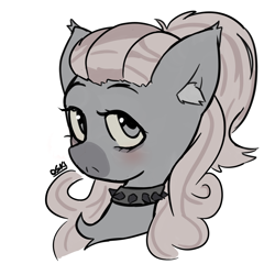 Size: 3000x3000 | Tagged: safe, artist:osukel, imported from derpibooru, oc, earth pony, pony, blushing, choker, head, long mane, ponytail, simple background, solo, spiked choker, white background