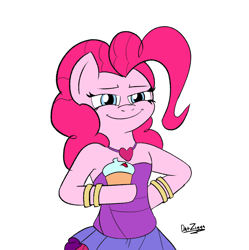 Size: 3056x3072 | Tagged: safe, artist:datzigga, imported from derpibooru, pinkie pie, anthro, earth pony, pony, semi-anthro, bracelet, clothes, cupcake, dress, food, high res, hoof on hip, jewelry, simple background, smug, smugpie, solo, white background