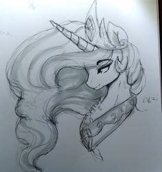 Size: 1808x1916 | Tagged: safe, artist:thelunarmoon, imported from derpibooru, princess celestia, alicorn, pony, bust, chest fluff, crown, featured image, female, grayscale, jewelry, lidded eyes, mare, monochrome, peytral, regalia, sketch, solo, traditional art