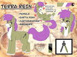 Size: 2732x2048 | Tagged: safe, artist:sursiq, imported from derpibooru, oc, oc only, oc:terra rein, earth pony, pony, chibi, compass, cutie mark, earth pony oc, female, heart, high res, mare, pencil, purple hair, reference sheet, solo, watermark