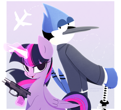 Size: 2937x2674 | Tagged: safe, artist:syrupyyy, imported from derpibooru, twilight sparkle, alicorn, bird, blue jay, pony, airplanes (song), clothes, crossover, crossover shipping, female, glowing horn, gun, handgun, high res, horn, katana, male, mare, mordecai, mordetwi, open mouth, pistol, plane, regular show, shipping, straight, suit, sword, twilight sparkle (alicorn), weapon