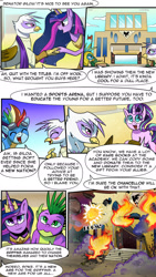 Size: 1280x2275 | Tagged: safe, artist:candyclumsy, imported from derpibooru, gallus, gilda, rainbow dash, spike, starlight glimmer, twilight sparkle, alicorn, griffon, comic:revolution of harmony, the last problem, airship, armor, destroyed building, fire, flashback, mood whiplash, older, older spike, older twilight, princess twilight 2.0, royal guard, royal guard gallus, twilight sparkle (alicorn)