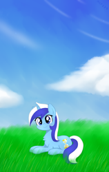 Size: 810x1278 | Tagged: safe, artist:hsf, imported from derpibooru, minuette, pony, unicorn, chest fluff, cloud, cute, female, grass, looking at you, mare, minubetes, sky, smiling, solo