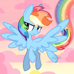 Size: 2048x2048 | Tagged: safe, artist:blurry-kun, imported from derpibooru, rainbow dash, pegasus, pony, friendship is magic, cloud, evening, female, flying, high res, mare, mlp fim, my little pony, rainbow trail, sky, sun