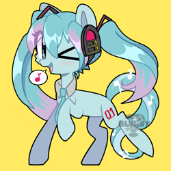 Size: 640x640 | Tagged: safe, artist:blurry-kun, imported from derpibooru, kotobukiya, earth pony, pony, anime, hatsune miku, headphones, kotobukiya hatsune miku pony, miku, mlp fim, my little pony, necktie, pictogram, ponified, vocaloid