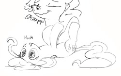 Size: 972x616 | Tagged: safe, artist:dotkwa, imported from derpibooru, pinkie pie, earth pony, pony, dialogue, female, grayscale, honk, lying down, mare, monochrome, nostrils, on back, open mouth, open smile, sketch, smiling, sniffing, upside down, wavy mouth