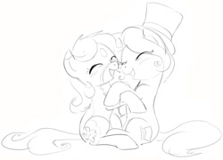 Size: 1068x770 | Tagged: safe, artist:dotkwa, imported from derpibooru, oc, oc only, oc:dotmare, oc:hattsy, earth pony, pony, duo, eyes closed, female, grayscale, hat, hug, mare, monochrome, simple background, sitting, top hat, white background