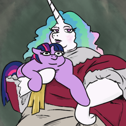 Size: 600x600 | Tagged: safe, artist:jargon scott, imported from derpibooru, princess celestia, twilight sparkle, pony, unicorn, clothes, dress, duo, female, fine art parody, holding a pony, mare, unicorn twilight