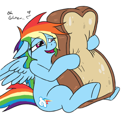 Size: 1268x1212 | Tagged: safe, artist:jargon scott, imported from derpibooru, rainbow dash, pegasus, pony, backwards cutie mark, bread, cargo ship, cute, dashabetes, female, food, giant food, gluten, heart eyes, hug, lidded eyes, mare, messy mane, open mouth, rainbread, shipping, simple background, smiling, underhoof, white background, wingding eyes