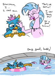 Size: 771x1058 | Tagged: safe, artist:jargon scott, imported from derpibooru, gallus, silverstream, classical hippogriff, griffon, hippogriff, seapony (g4), dialogue, duo, female, head pat, inner tube, male, pat, simple background, swimming, swimming pool, white background