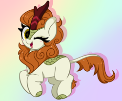 Size: 5264x4351 | Tagged: safe, artist:kittyrosie, imported from derpibooru, autumn blaze, kirin, awwtumn blaze, blushing, cute, gradient background, looking at you, one eye closed, open mouth, open smile, smiling, solo, starry eyes, wingding eyes, wink, winking at you