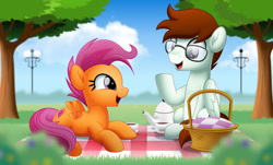 Size: 800x484 | Tagged: safe, artist:jhayarr23, imported from derpibooru, scootaloo, oc, oc:soul beat, pegasus, pony, basket, cup, glasses, lying down, male, older, picnic, picnic basket, picnic blanket, prone, stallion, teacup, teapot, tree