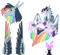 Size: 1280x1181 | Tagged: safe, artist:d3pressedr4inbow, imported from derpibooru, oc, oc only, oc:misty shimmer, pegasus, pony, colored wings, electricity, female, goggles, magical lesbian spawn, mare, multicolored wings, offspring, parent:fluttershy, parent:rainbow dash, parents:flutterdash, rainbow wings, simple background, solo, transparent background, wings