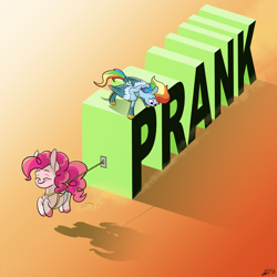 Size: 2000x2000 | Tagged: safe, artist:will-owl-the-wisp, imported from derpibooru, pinkie pie, rainbow dash, earth pony, pegasus, pony, duo, female, high res, mare, newbie artist training grounds, pronking, pulling, pun, visual pun