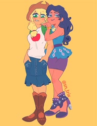 Size: 3092x4000 | Tagged: safe, artist:sn_trix, imported from derpibooru, applejack, rarity, equestria girls, boots, clothes, cowboy boots, cowboy hat, dark skin, female, hat, high heels, human coloration, lesbian, looking at you, rarijack, rarity peplum dress, shipping, shoes, simple background, skirt, straw in mouth, yellow background