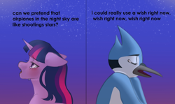 Size: 1280x763 | Tagged: safe, artist:azaani, imported from derpibooru, twilight sparkle, alicorn, bird, blue jay, pony, aeroplanes and meteor showers, airplanes (song), crossover, crossover shipping, crying, female, male, meme, mordecai, mordetwi, redraw mordetwi meme, regular show, shipping, straight, twilight sparkle (alicorn)