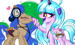 Size: 1024x620 | Tagged: safe, artist:adultmare, imported from derpibooru, oc, oc only, oc:dumplings, earth pony, pegasus, pony, base used, blushing, boop, duo, duo female, earth pony oc, eye clipping through hair, eyebrows, eyebrows visible through hair, eyes closed, female, headphones, horns, mare, open mouth, open smile, pegasus oc, simple background, smiling, transparent background, two toned wings, wings