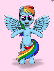 Size: 2330x3084 | Tagged: safe, artist:darkyboode32, imported from derpibooru, rainbow dash, pegasus, pony, belly button, bipedal, female, high res, mare, open mouth, simple background, smiling, solo, spread arms, spread wings, standing, wings