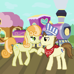 Size: 600x600 | Tagged: safe, derpibooru exclusive, imported from derpibooru, junebug, steamer, earth pony, pony, female, friendship express, holding hooves, locomotive, looking at each other, male, mare, shipping, smiling, stallion, steam, steam train, steamerjune, straight, train, train engineer, train station