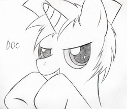 Size: 600x519 | Tagged: safe, artist:srmario, imported from derpibooru, oc, oc only, pony, unicorn, grayscale, grin, horn, lineart, male, monochrome, smiling, stallion, traditional art, unicorn oc