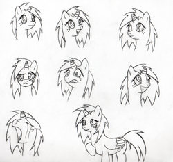 Size: 500x465 | Tagged: safe, artist:srmario, imported from derpibooru, oc, oc only, oc:doctiry, alicorn, pony, alicorn oc, broken horn, bust, crying, female, grayscale, grin, horn, lineart, mare, monochrome, simple background, smiling, traditional art, white background, wings