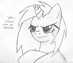 Size: 500x430 | Tagged: safe, artist:srmario, imported from derpibooru, oc, oc only, oc:doctiry, pony, unicorn, broken horn, bust, crossed arms, female, freckles, frown, grayscale, horn, lineart, mare, monochrome, simple background, solo, talking, traditional art, unicorn oc, white background