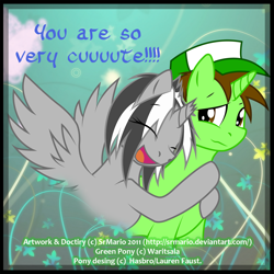 Size: 1500x1500 | Tagged: safe, artist:srmario, imported from derpibooru, oc, oc only, oc:doctiry, alicorn, pony, unicorn, abstract background, alicorn oc, broken horn, eyelashes, eyes closed, female, hat, horn, hug, male, mare, smiling, stallion, talking, unicorn oc, wings