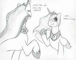 Size: 600x471 | Tagged: safe, artist:srmario, imported from derpibooru, princess celestia, princess luna, alicorn, pony, bust, dialogue, duo, ethereal mane, eyelashes, female, grayscale, hair over one eye, hoof shoes, horn, jewelry, lineart, mare, monochrome, peytral, simple background, smiling, starry mane, tiara, traditional art, waving, white background, wings