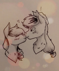 Size: 600x720 | Tagged: safe, artist:artfestation, imported from derpibooru, applejack, coloratura, earth pony, pony, blushing, female, hat, heart, kissing, lesbian, lineart, mare, rarajack, shipping, traditional art