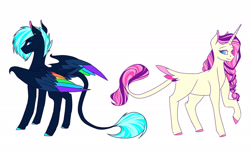 Size: 2048x1256 | Tagged: safe, artist:artfestation, imported from derpibooru, oc, oc only, alicorn, pegasus, pony, alicorn oc, braid, butt wings, colored hooves, colored wings, duo, horn, magical lesbian spawn, multicolored wings, offspring, parent:fluttershy, parent:princess luna, parent:rainbow dash, parent:rarity, parents:flarity, parents:lunadash, pegasus oc, rainbow wings, raised hoof, simple background, white background, wings