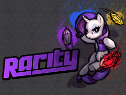 Size: 1600x1200 | Tagged: safe, artist:mane6, imported from derpibooru, rarity, pony, unicorn, fighting is magic, cover art, female, gem, gray background, mare, simple background, solo, text