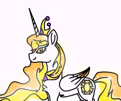 Size: 1200x1000 | Tagged: safe, artist:goldlines005, imported from derpibooru, princess celestia, alicorn, pony, alternate design, chest fluff, female, horn, jewelry, mare, peytral, simple background, smiling, solo, tiara, white background, wings