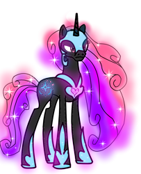 Size: 992x1222 | Tagged: safe, artist:goldlines005, imported from derpibooru, princess amore, princess cadance, pony, unicorn, base used, ethereal mane, female, helmet, hoof shoes, mare, nightmare amore, nightmare cadance, nightmarified, peytral, simple background, smiling, solo, starry mane, transparent background