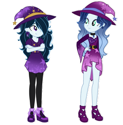 Size: 2192x2222 | Tagged: safe, artist:skyfallfrost, imported from derpibooru, oc, oc:azure blush, oc:midnight, equestria girls, clothes, costume, halloween, halloween costume, hat, high res, holiday, simple background, transparent background, witch hat