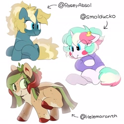 Size: 2048x2048 | Tagged: safe, artist:mochi_nation, imported from derpibooru, oc, oc only, oc:cottonsweets, oc:helemaranth, oc:maple parapet, pegasus, pony, unicorn, clothes, female, freckles, high res, mare, shirt, simple background, white background