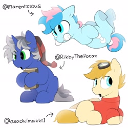 Size: 2048x2048 | Tagged: safe, artist:mochi_nation, imported from derpibooru, oc, oc only, oc:blue chewings, earth pony, pegasus, pony, unicorn, book, chew toy, clothes, goggles, hat, high res, shirt