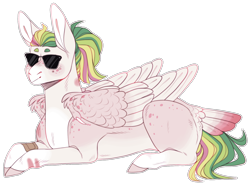 Size: 1568x1152 | Tagged: safe, artist:sleepy-nova, imported from derpibooru, oc, oc only, oc:honey suckle, pegasus, pony, lying down, prone, simple background, solo, sunglasses, tail feathers, transparent background